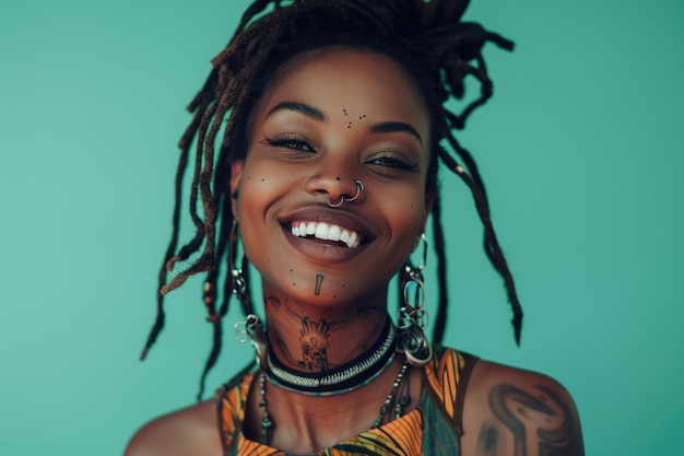 Una mujer africana segura con dreadlocks y piercings sonriendo