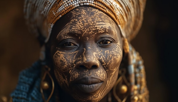 Mujer africana sonriendo con ropa tradicional rodeada de belleza natural generada por IA