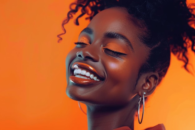 Mujer africana sonriente con maquillaje y piercings en fondo naranja