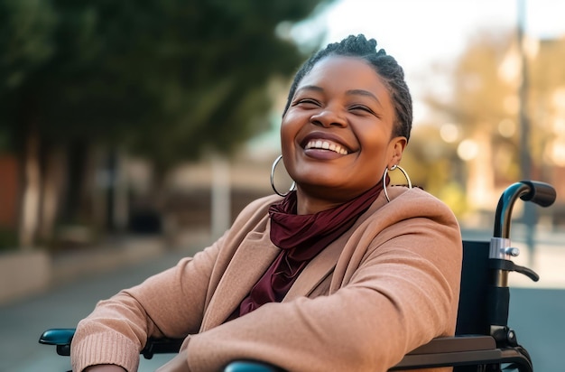 Mujer africana sonriente en silla de ruedas Mujer adulta Generar Ai