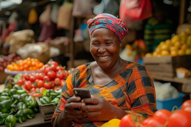 Una mujer africana sonriente usando su teléfono inteligente con una expresión alegre