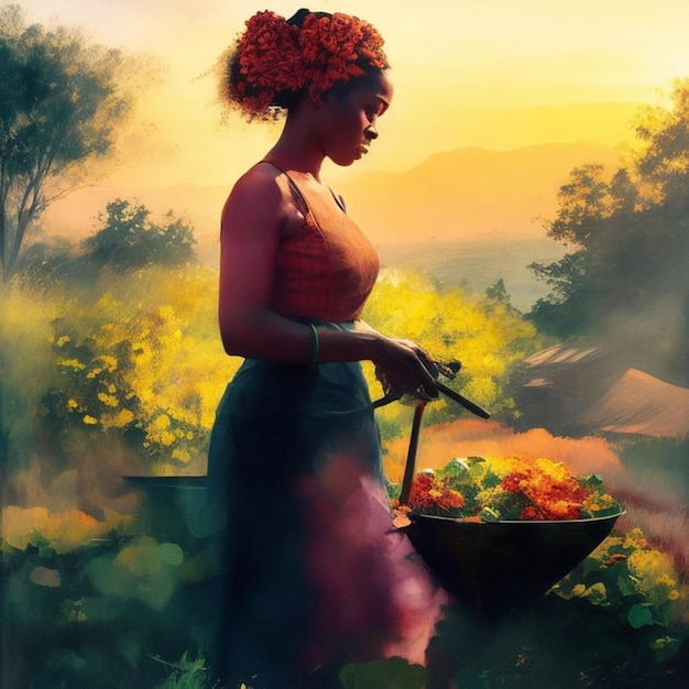 mujer africana trabajando en un jardín de verduras amanecer bosque y montañas en el fondo ai arte