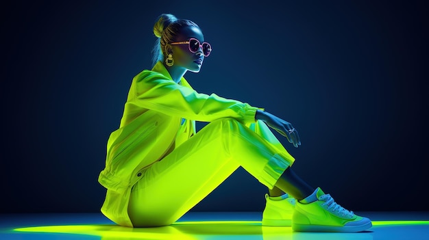 Mujer africana con traje de neón y zapatos de neón al estilo del pop futurista con una paleta de colores luminosos