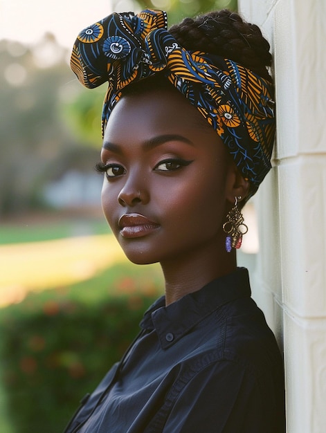 Mujer africana con un turbante ropa tradicional e interior Una chica con joyas en ropa de colores negra piel hermosa y manteniendo su etnia africana