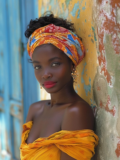 Mujer africana con un turbante ropa tradicional e interior Una chica con joyas en ropa de colores negra piel hermosa y manteniendo su etnia africana