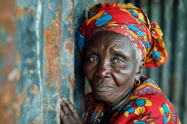 Mujer africana con un turbante ropa tradicional e interior Una chica con joyas en ropa de colores negra piel hermosa y manteniendo su etnia africana