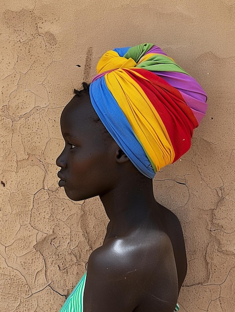 Mujer africana con un turbante ropa tradicional e interior Una chica con joyas en ropa de colores negra piel hermosa y manteniendo su etnia africana