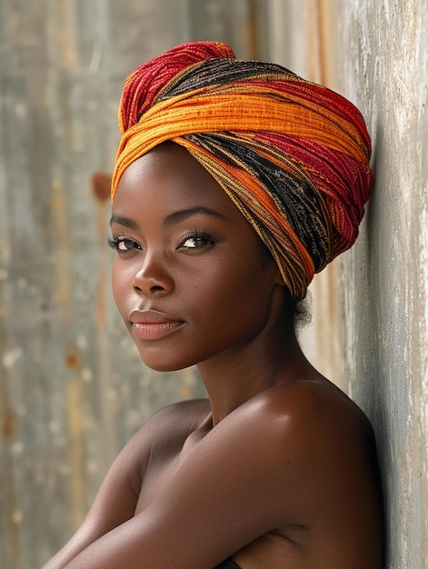 Mujer africana con un turbante ropa tradicional e interior Una chica con joyas en ropa de colores negra piel hermosa y manteniendo su etnia africana