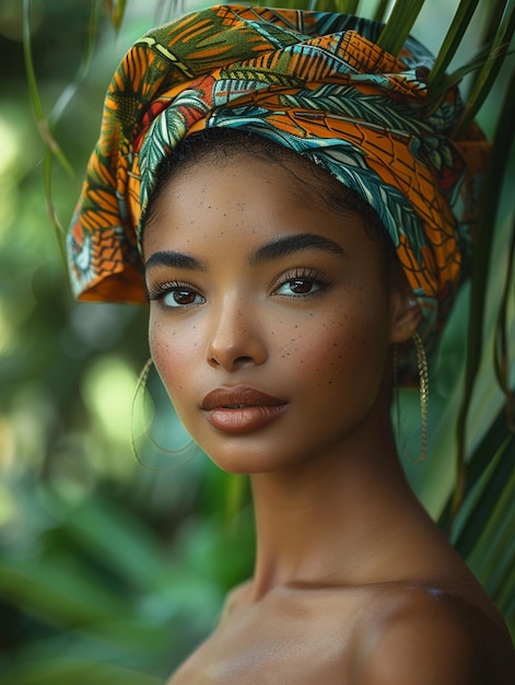 Mujer africana con un turbante ropa tradicional e interior Una chica con joyas en ropa de colores negra piel hermosa y manteniendo su etnia africana