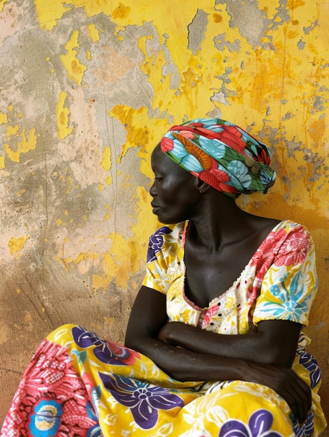 Mujer africana con un turbante ropa tradicional e interior Una chica con joyas en ropa de colores negra piel hermosa y manteniendo su etnia africana