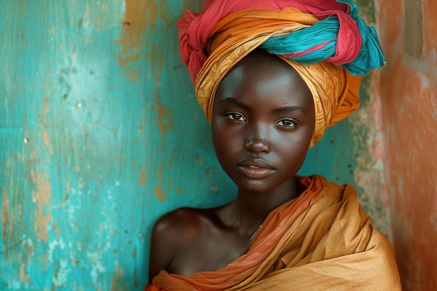 Mujer africana con un turbante ropa tradicional e interior Una chica con joyas en ropa de colores negra piel hermosa y manteniendo su etnia africana