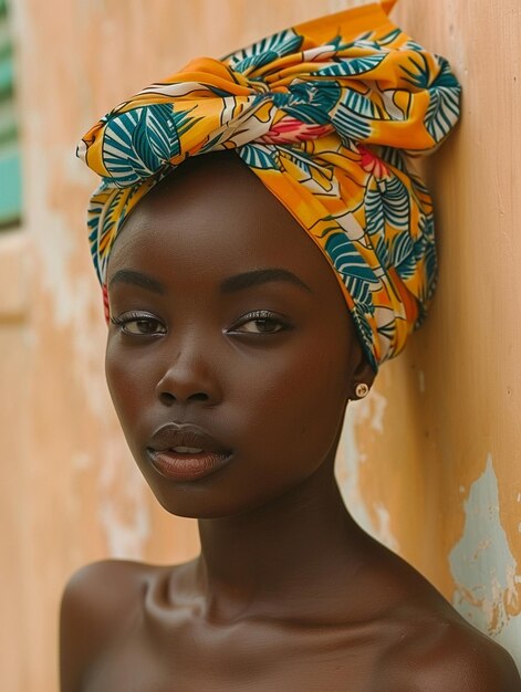 Mujer africana con un turbante ropa tradicional e interior Una chica con joyas en ropa de colores negra piel hermosa y manteniendo su etnia africana