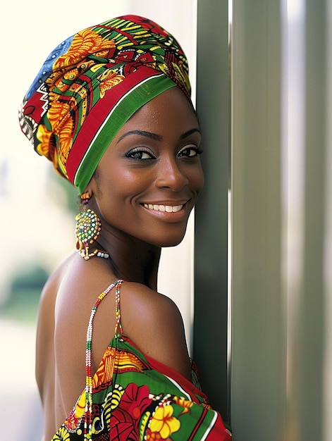 Mujer africana con un turbante ropa tradicional e interior Una chica con joyas en ropa de colores negra piel hermosa y manteniendo su etnia africana