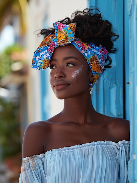 Mujer africana con un turbante ropa tradicional e interior Una chica con joyas en ropa de colores negra piel hermosa y manteniendo su etnia africana