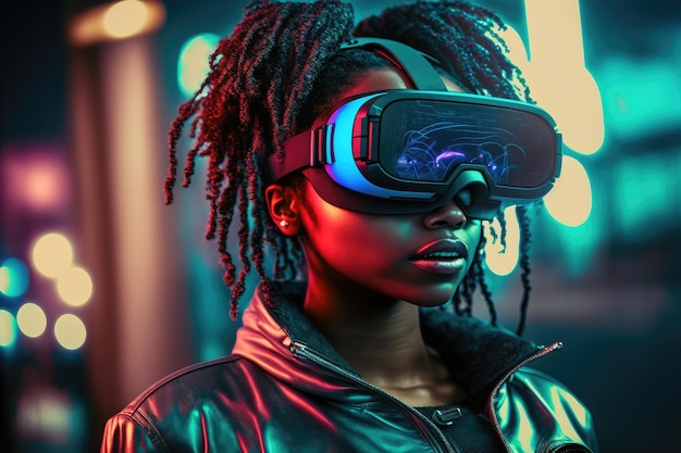 Mujer africana usa gafas de realidad virtual de pie en el fondo del mundo virtual