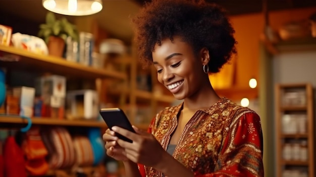 Mujer africana usando smartphone AI generativo y pagos en línea