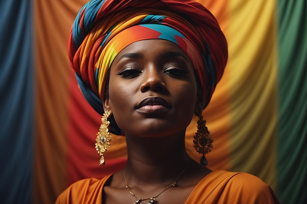 Mujer africana vestida con ropa tradicional Retrato de una mujer con turbante Diseño para el Mes de la Historia Negra