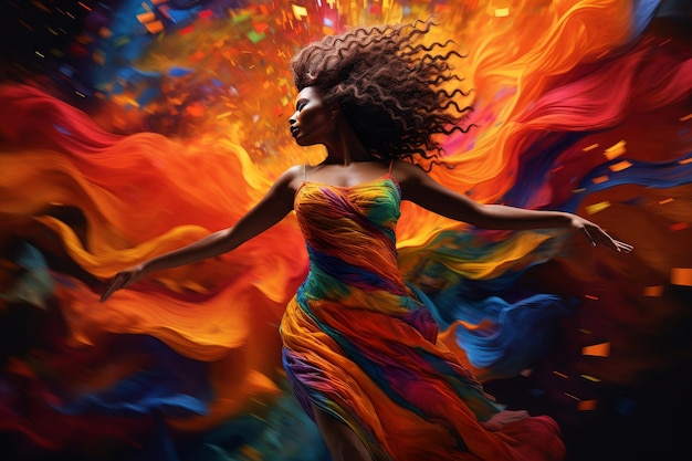 Mujer africana con vestido colorido bailando IA generativa