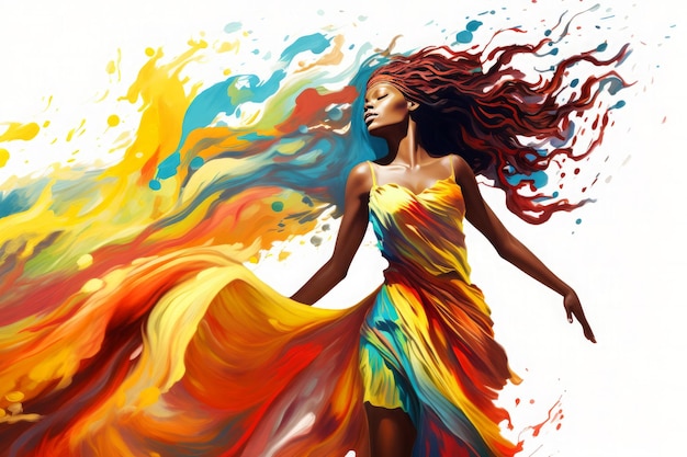 Mujer africana con vestido colorido bailando IA generativa