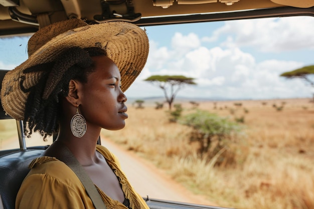 Mujer africana viajando en coche en un safari en África