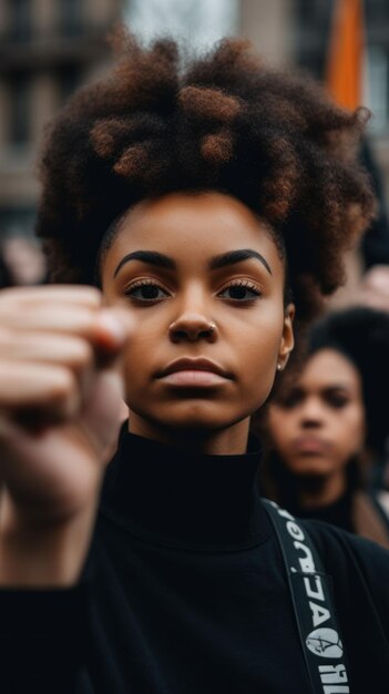 Foto una mujer con un afro está apuntando a la cámara generativa de imagen ai