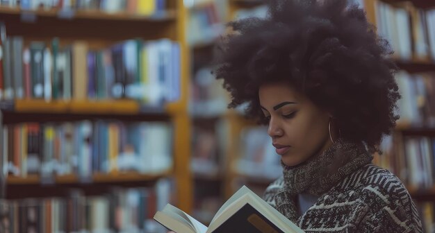 Foto una mujer con afro destaca libros de aspecto