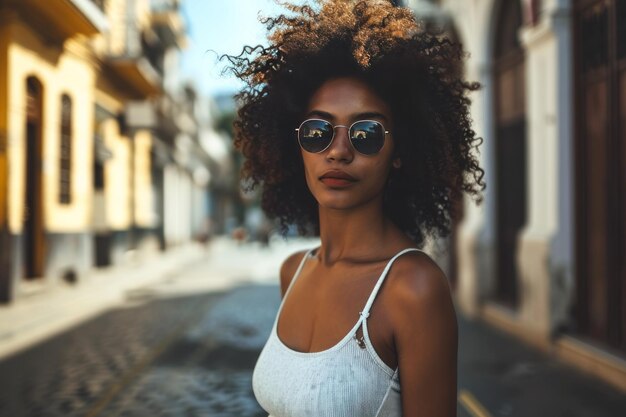 Mujer afro elegante con gafas de sol en la calle de la ciudad Retrato de moda urbana estilo de vida de verano