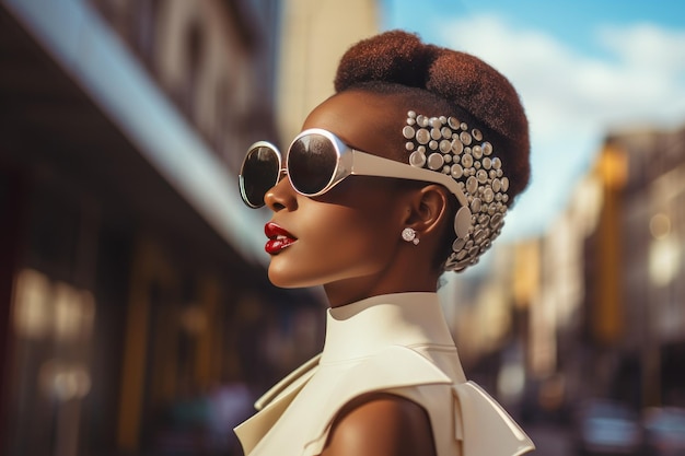 Mujer afro elegante con gafas de sol en la calle de la ciudad Retrato de moda urbana estilo de vida de verano