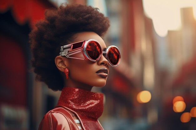 Mujer afro elegante con gafas de sol en la calle de la ciudad Retrato de moda urbana estilo de vida de verano