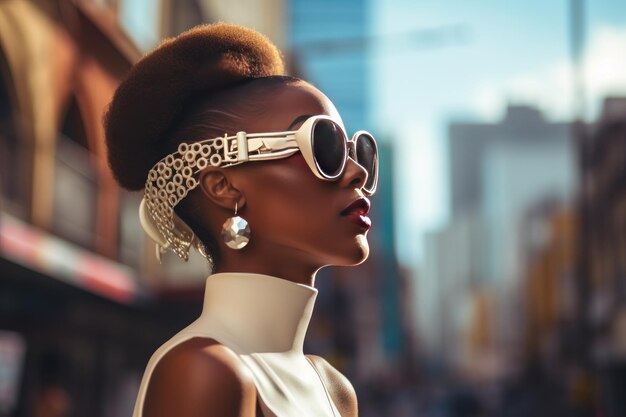 Mujer afro elegante con gafas de sol en la calle de la ciudad Retrato de moda urbana estilo de vida de verano