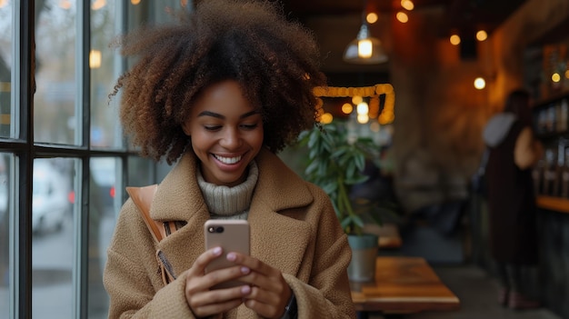 Mujer afro enojada usando teléfono celular y bebiendo café en el espacio de copia de cafetería