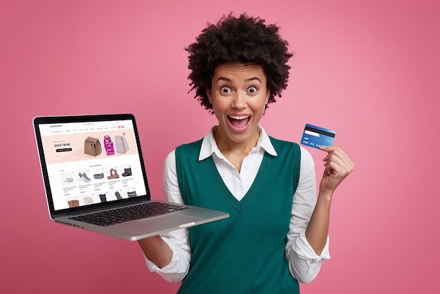 Mujer afro excitada con portátil y tarjeta de crédito