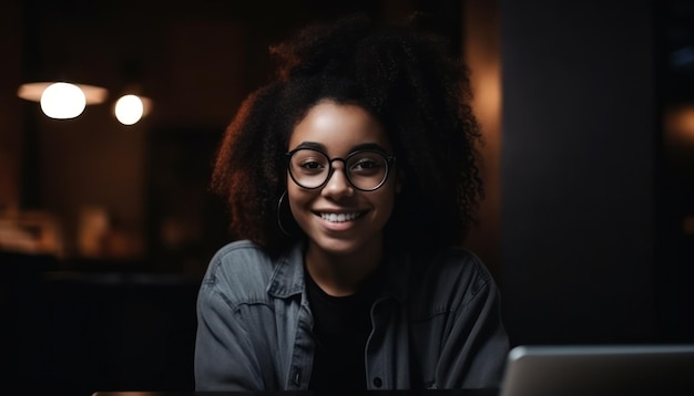 Mujer afro feliz con laptop sentada en la mesa