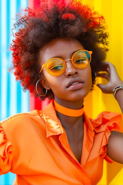 Una mujer con un afro con gafas de color naranja