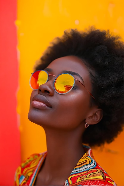 Una mujer con afro con gafas de sol y mirando hacia arriba