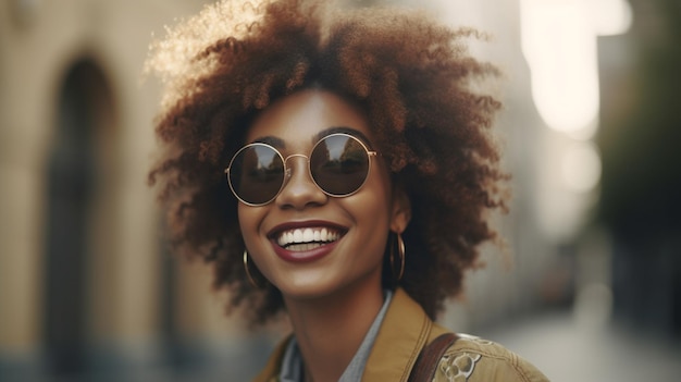 Una mujer afro con gafas de sol sonríe a la cámara.