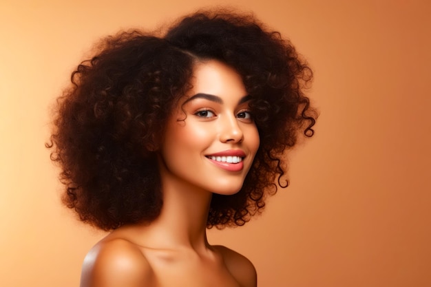 Mujer con afro grande está sonriendo para la cámara IA generativa