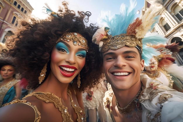 Mujer afro con maquillaje de muestra en el carnaval de Venecia sonriendo