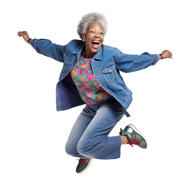 Mujer afro mayor saltando aislada sobre fondo blanco o transparente Imagen generada por AI