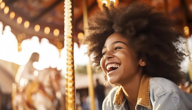 Mujer afro negra en el carnaval del concepto de Merrygoround