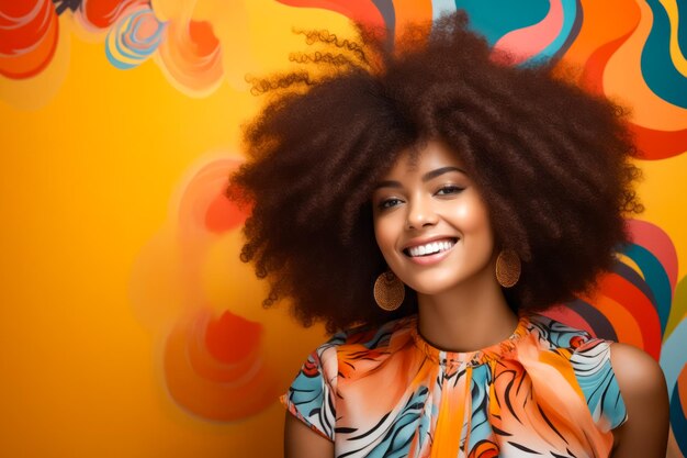 Foto mujer con afro sonríe frente a la pared colorida