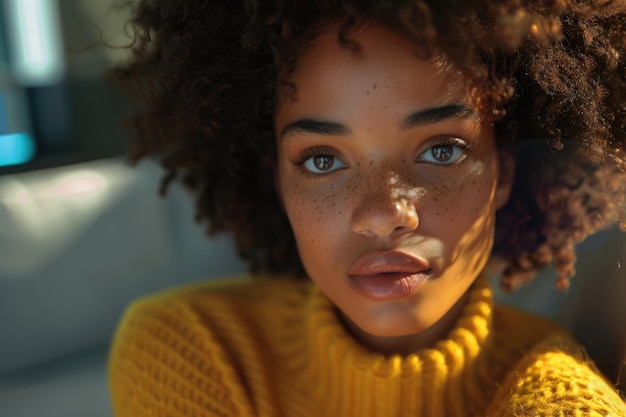 Mujer afro con suéter amarillo