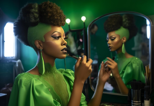 Mujer afroamericana al aplicar maquillaje