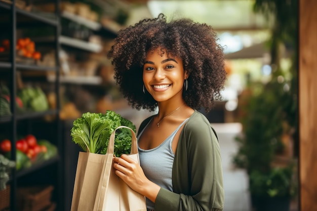 Mujer afroamericana alegre eligiendo verduras en la tienda de verduras