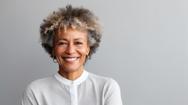 Una mujer afroamericana amigable y madura sonriendo con una elegante camiseta de polo gris