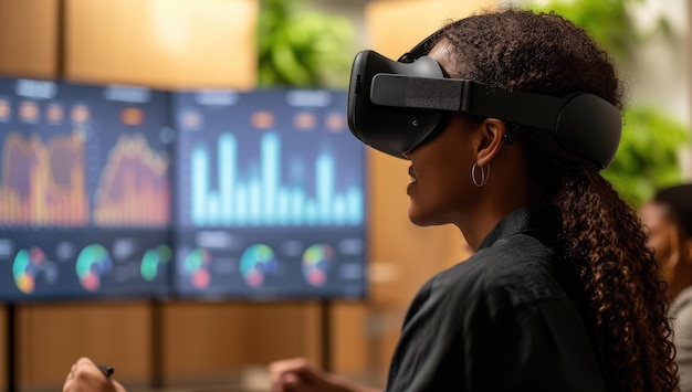 Mujer afroamericana analizando datos con auriculares de realidad virtual en una oficina moderna
