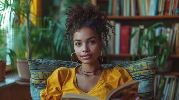 Foto una mujer afroamericana de ascendencia africana usa una camisa, bebe café, lee un libro y se sienta en un sillón en su apartamento mientras se relaja mientras disfruta de su tiempo libre en la sala de estar.