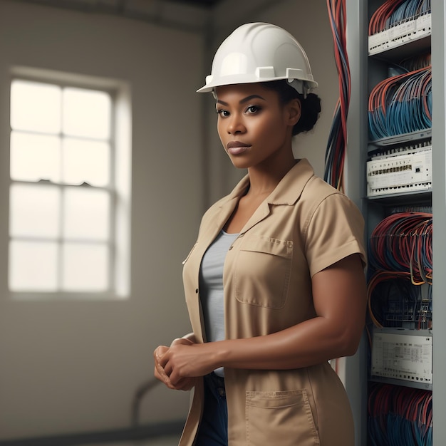 Una mujer afroamericana atractiva, electricista.