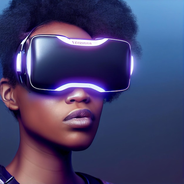 Mujer afroamericana con auriculares de realidad virtual vr