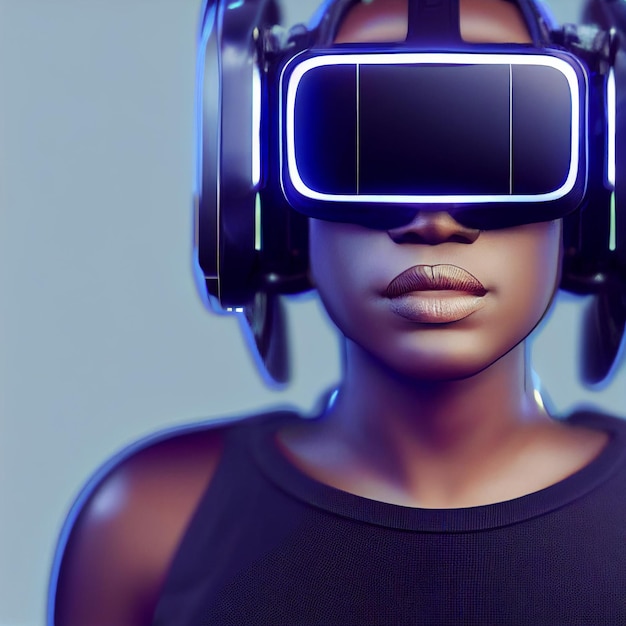Mujer afroamericana con auriculares de realidad virtual vr